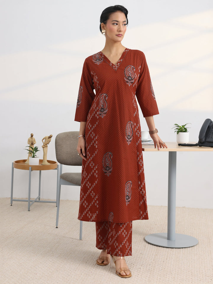 Rust Printed Cotton Blend A-Line Kurta Set