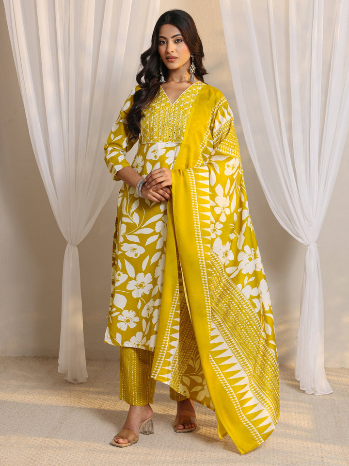 Mustard Floral Printed Cotton Blend Straight Suit Set With Dupatta