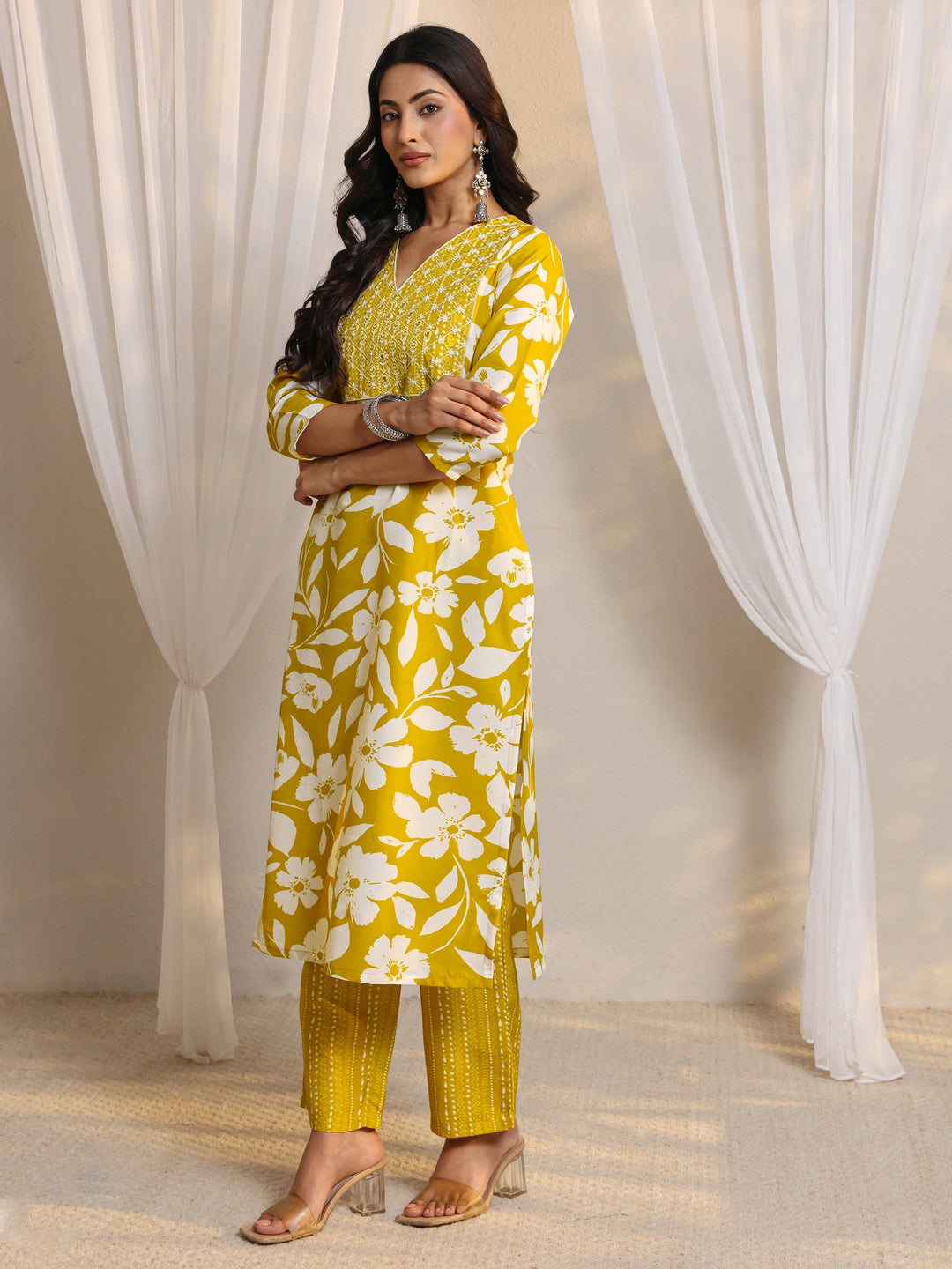 Mustard Floral Printed Cotton Blend Straight Suit Set With Dupatta