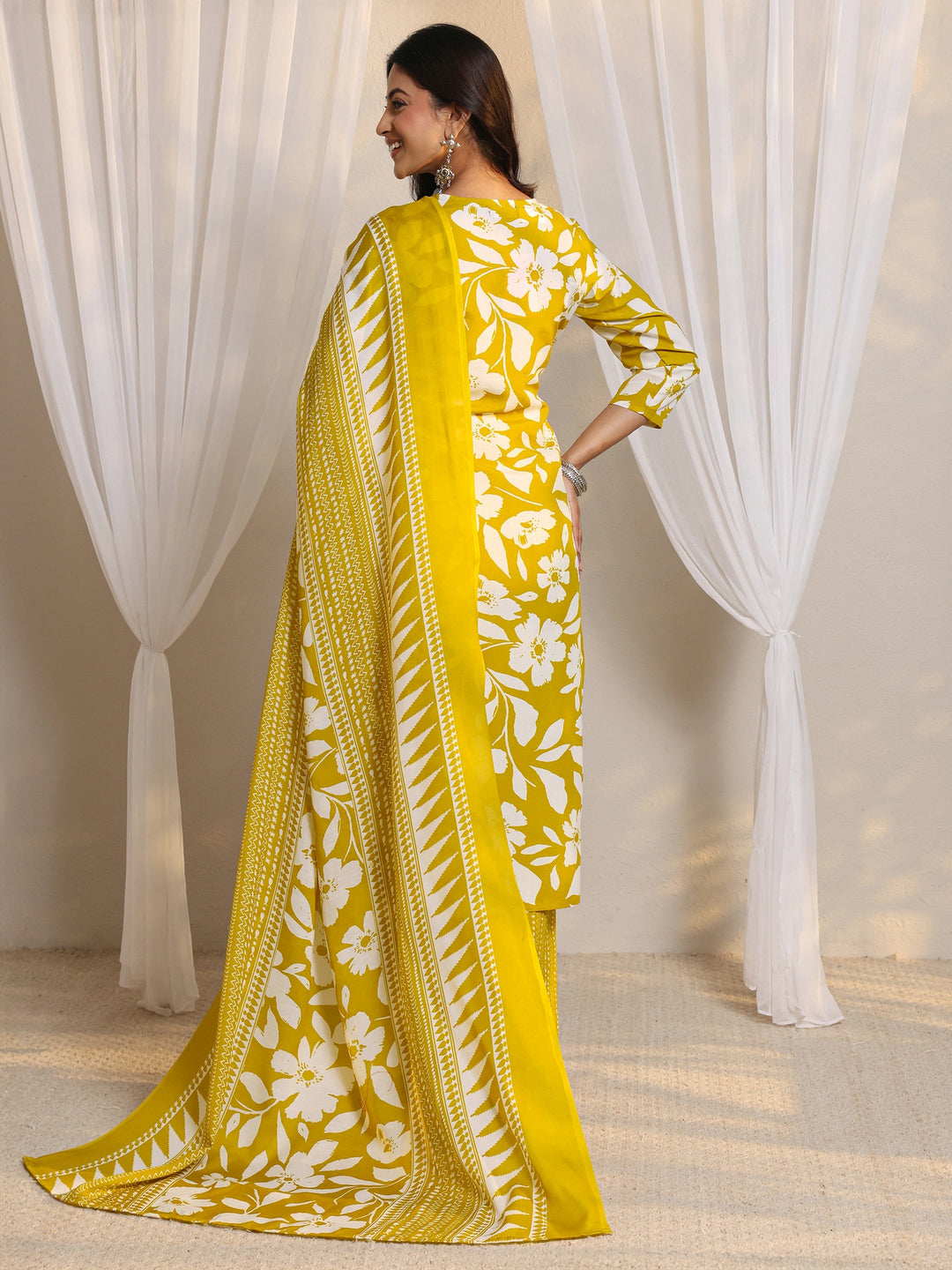 Mustard Floral Printed Cotton Blend Straight Suit Set With Dupatta