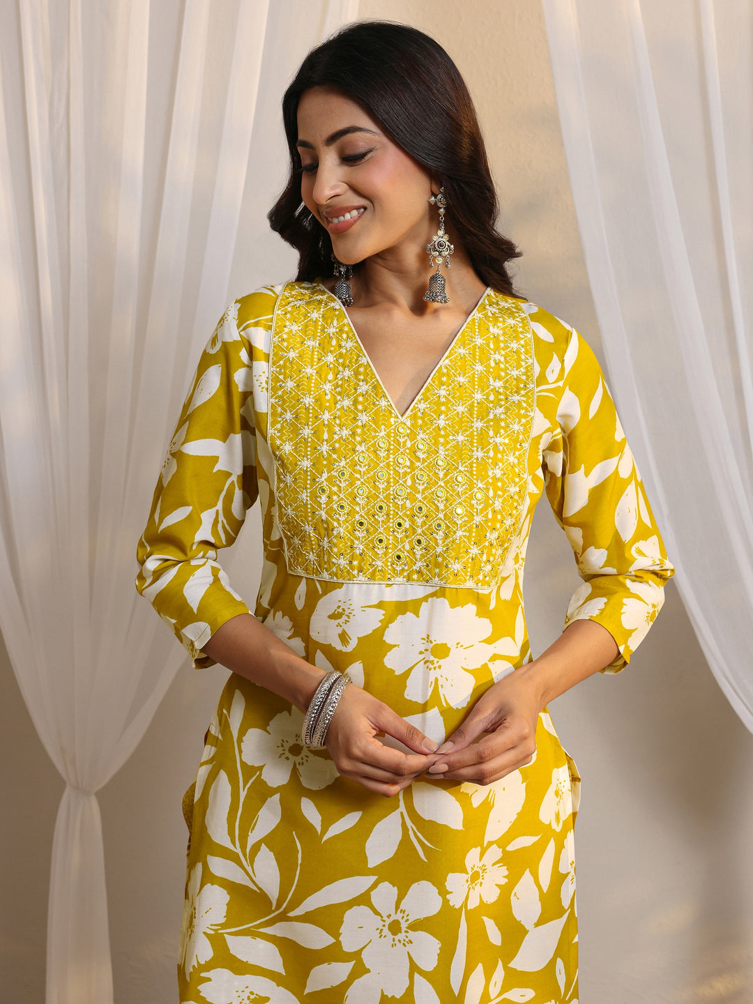 Mustard Floral Printed Cotton Blend Straight Suit Set With Dupatta