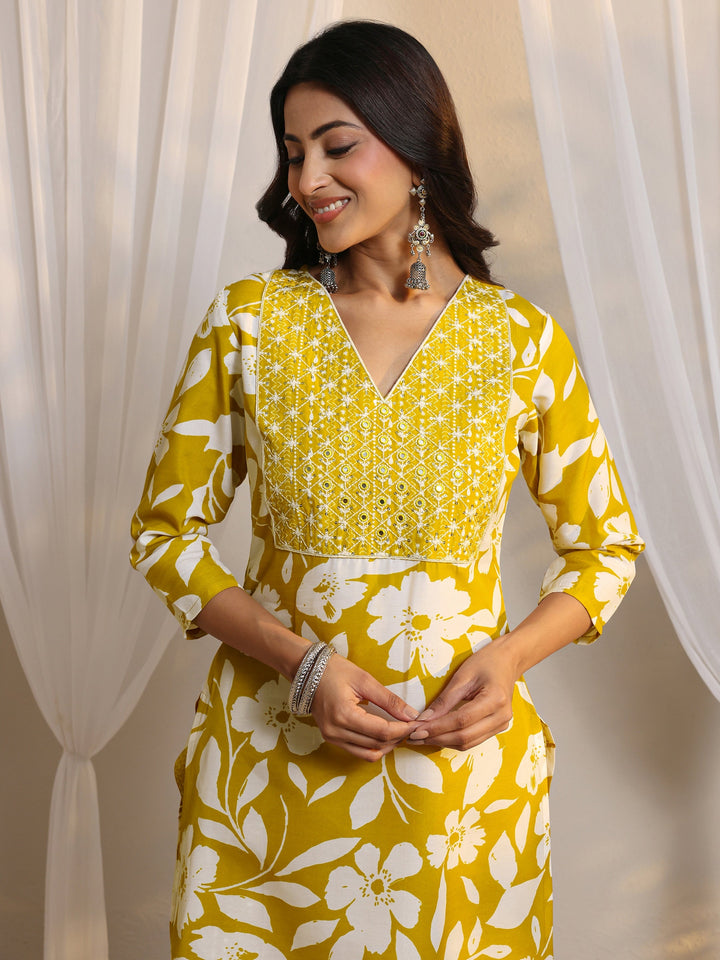 Mustard Floral Printed Cotton Blend Straight Suit Set With Dupatta
