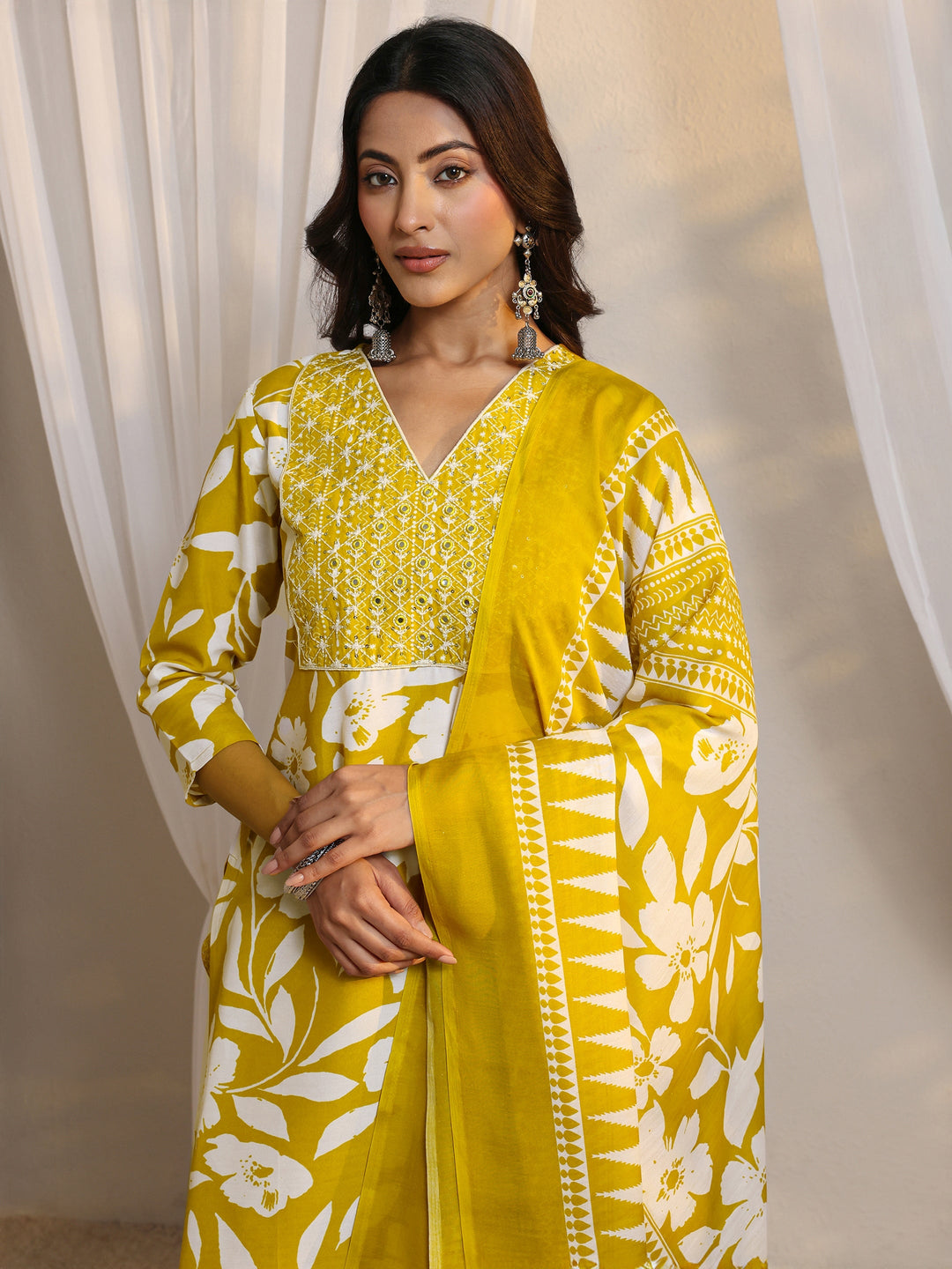 Mustard Floral Printed Cotton Blend Straight Suit Set With Dupatta