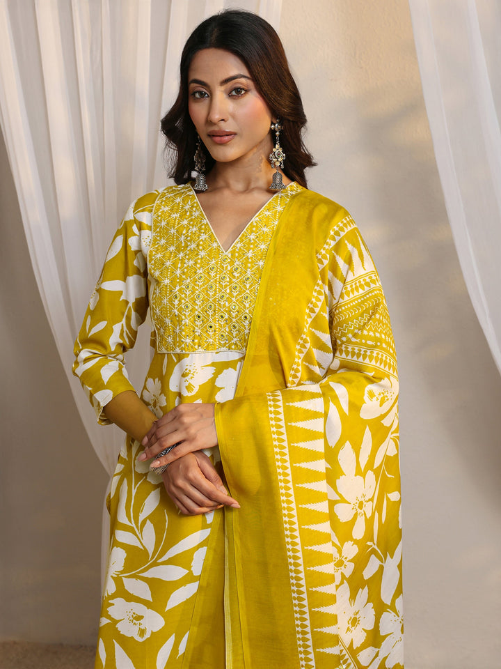 Mustard Floral Printed Cotton Blend Straight Suit Set With Dupatta
