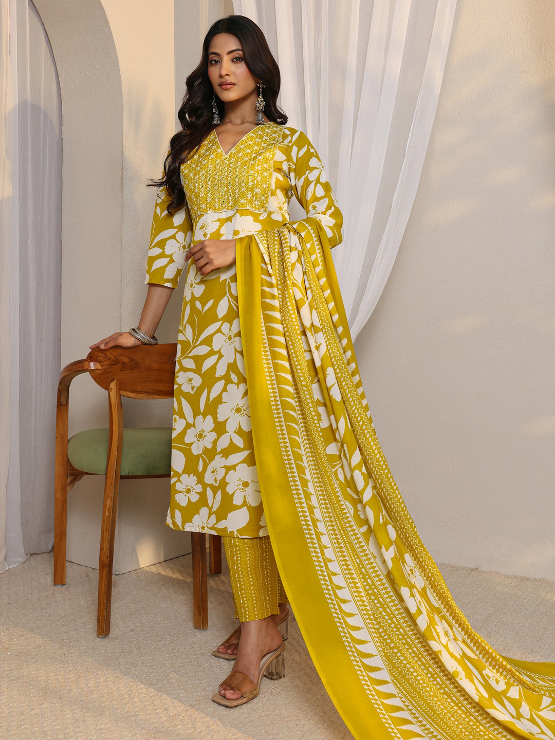 Mustard Floral Printed Cotton Blend Straight Suit Set With Dupatta