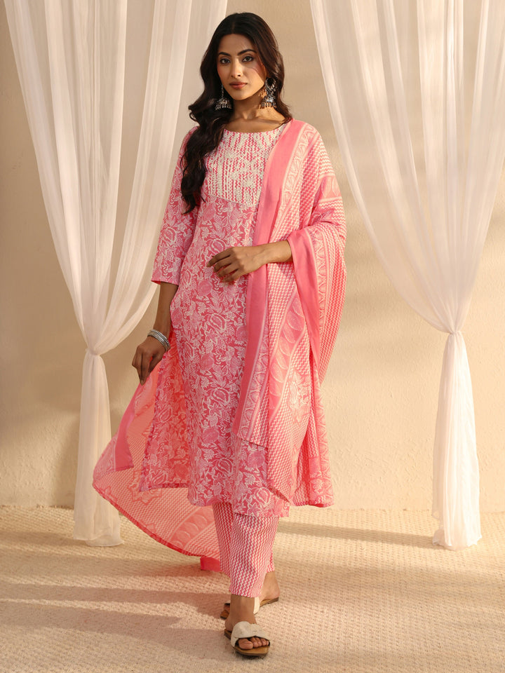 Pink Floral Printed Cotton Blend Straight Suit Set With Dupatta