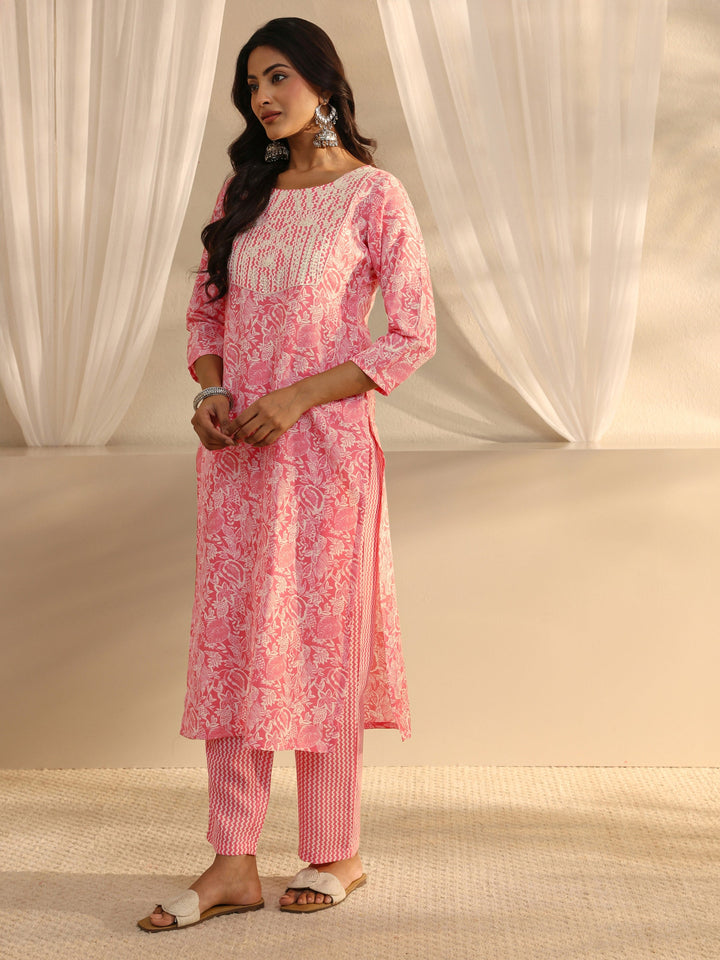Pink Floral Printed Cotton Blend Straight Suit Set With Dupatta