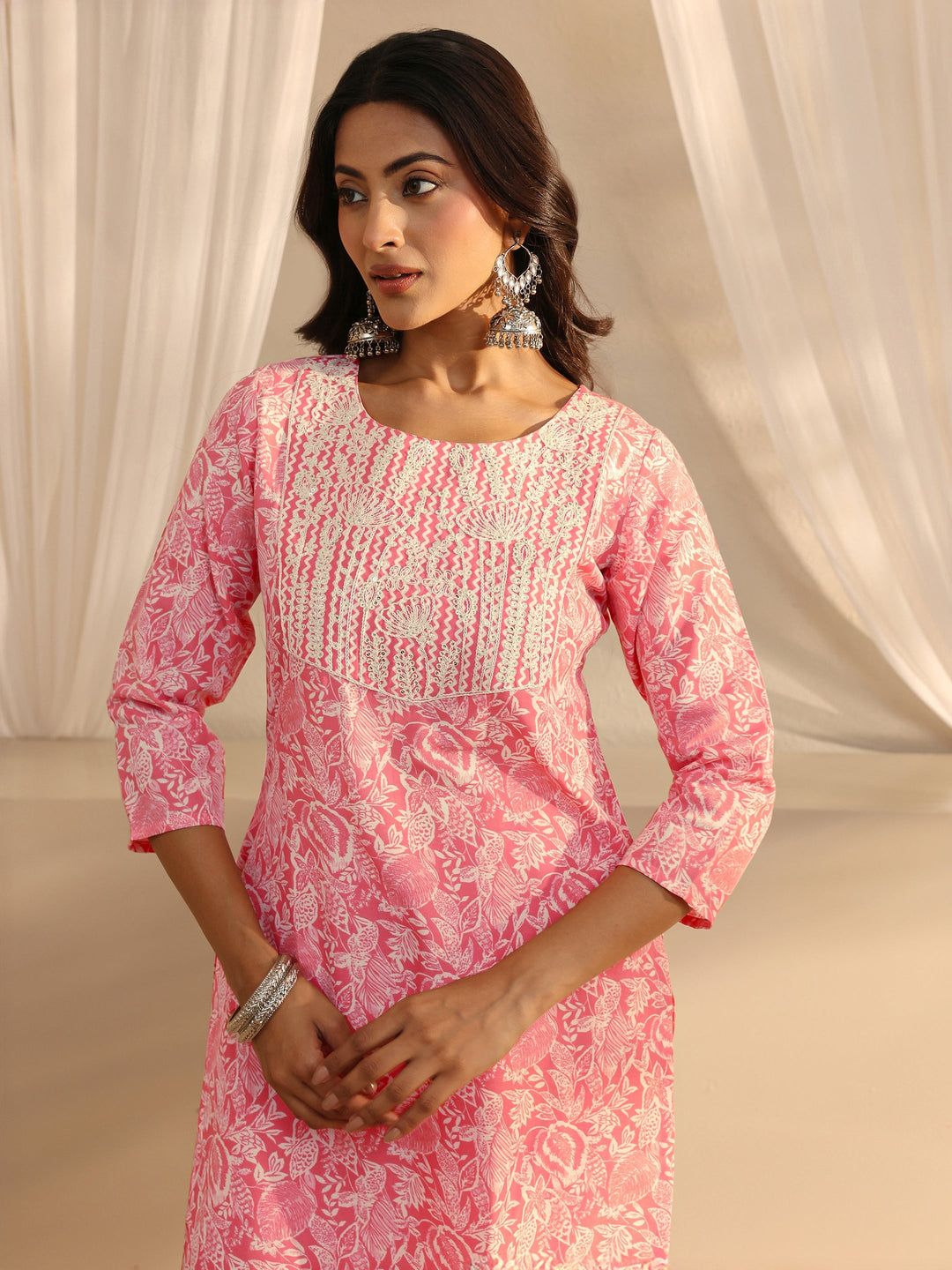 Pink Floral Printed Cotton Blend Straight Suit Set With Dupatta