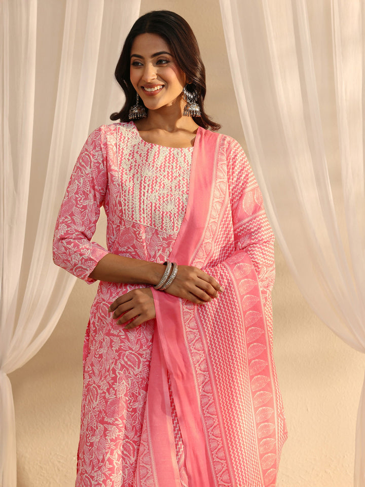 Pink Floral Printed Cotton Blend Straight Suit Set With Dupatta