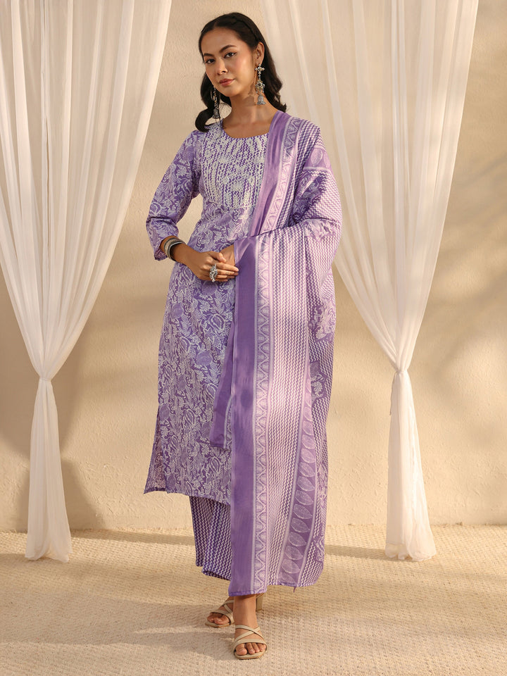 Lavender Floral Printed Cotton Blend Straight Suit Set With Dupatta