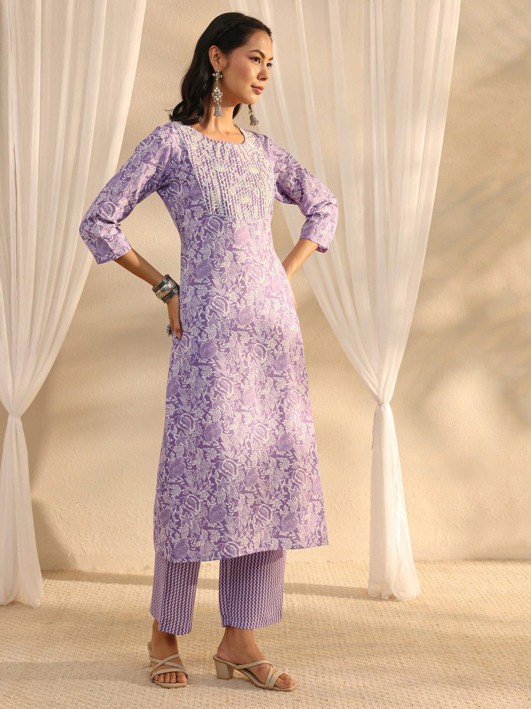 Lavender Floral Printed Cotton Blend Straight Suit Set With Dupatta