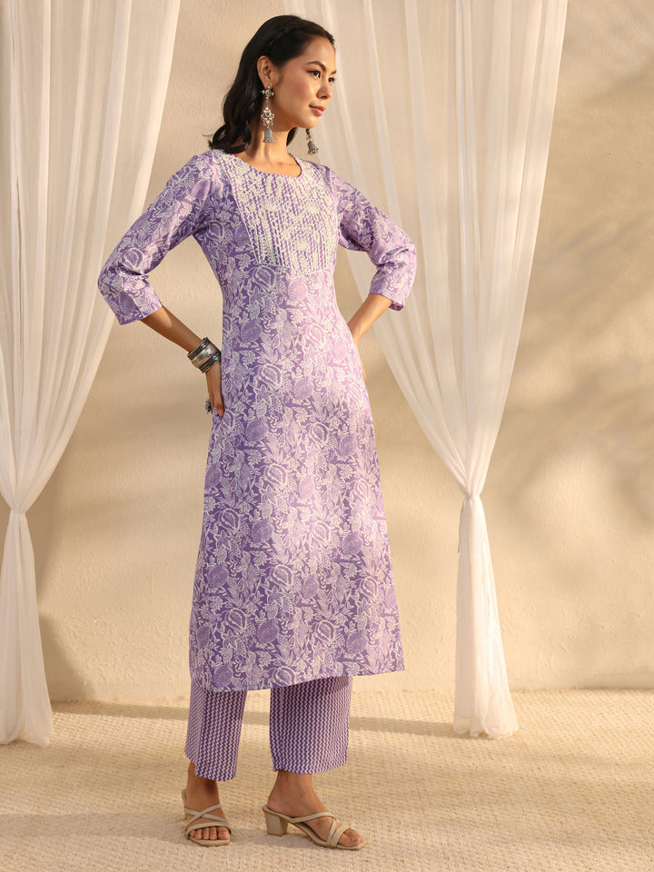 Lavender Floral Printed Cotton Blend Straight Suit Set With Dupatta
