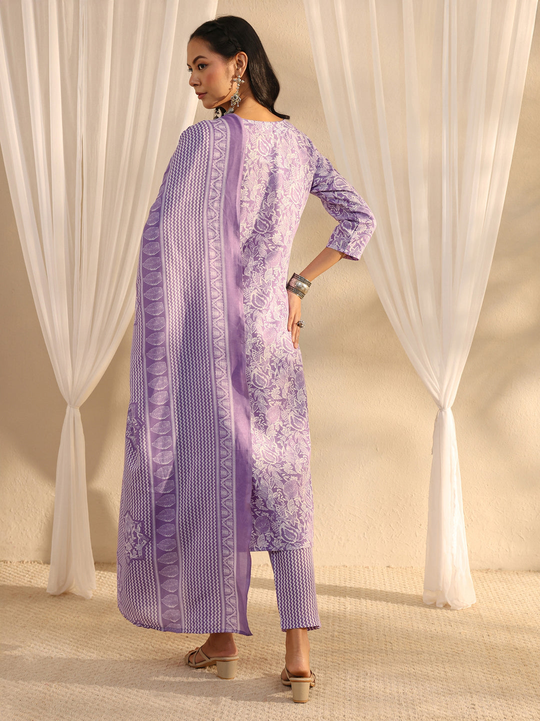 Lavender Floral Printed Cotton Blend Straight Suit Set With Dupatta
