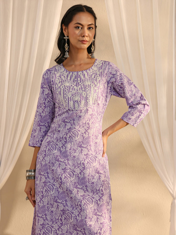 Lavender Floral Printed Cotton Blend Straight Suit Set With Dupatta