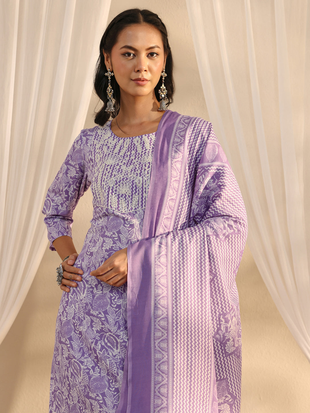Lavender Floral Printed Cotton Blend Straight Suit Set With Dupatta