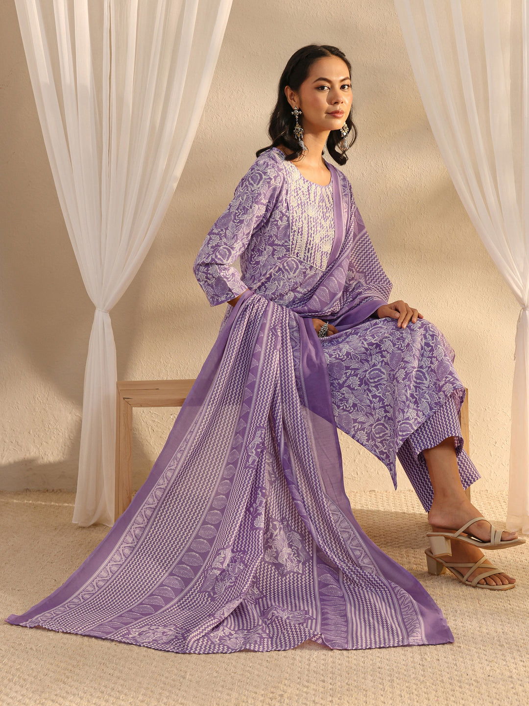 Lavender Floral Printed Cotton Blend Straight Suit Set With Dupatta