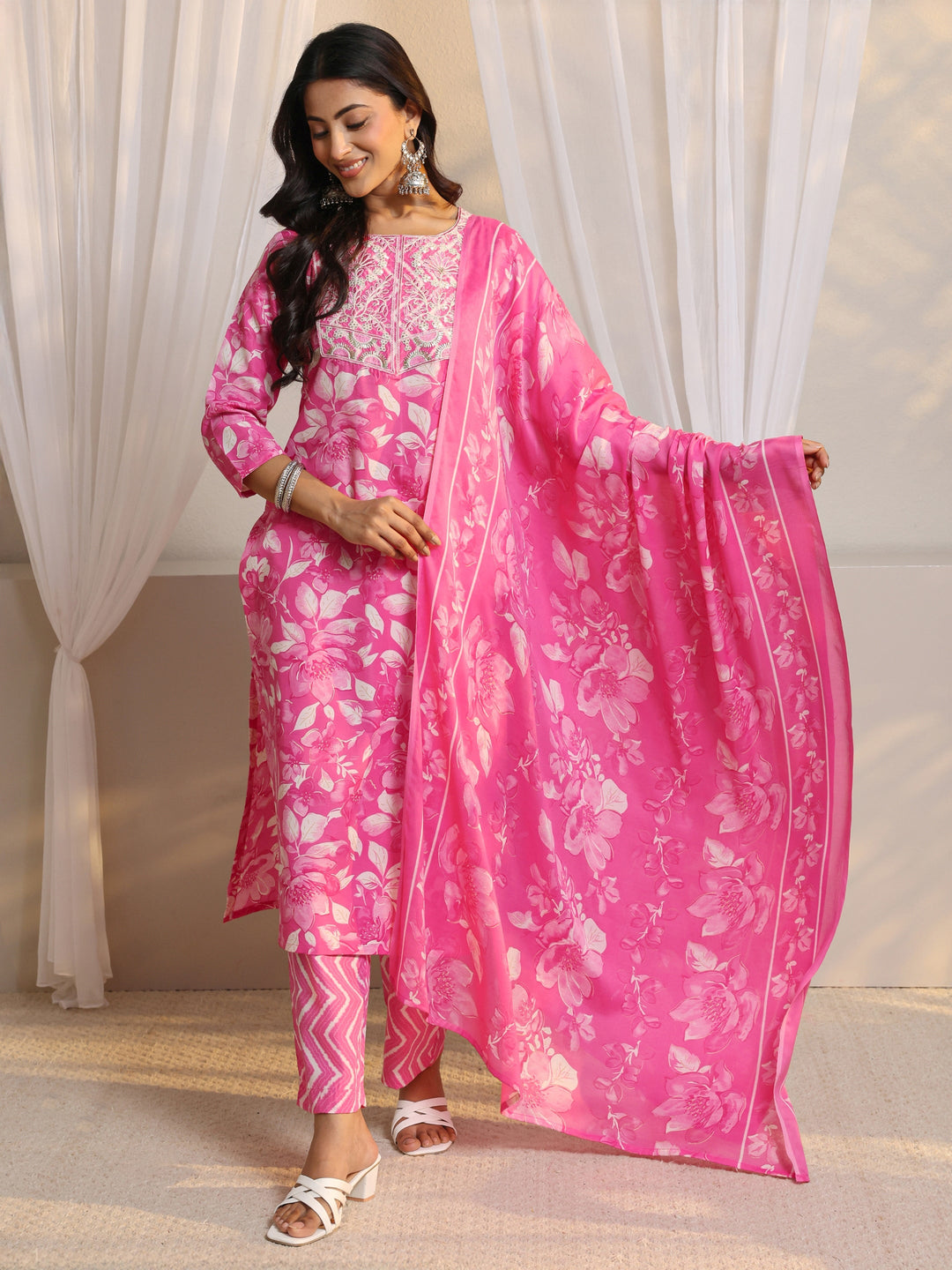 Pink Floral Printed Cotton Blend Straight Suit Set With Dupatta