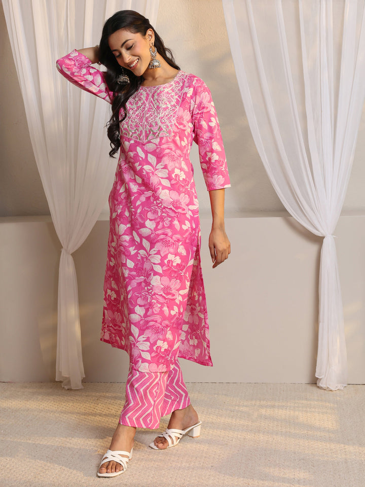 Pink Floral Printed Cotton Blend Straight Suit Set With Dupatta