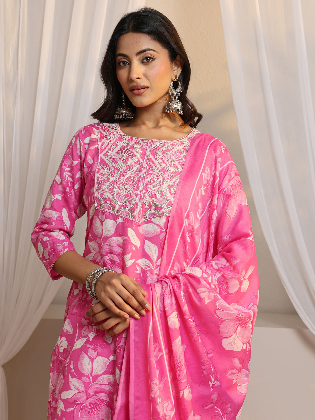 Pink Floral Printed Cotton Blend Straight Suit Set With Dupatta