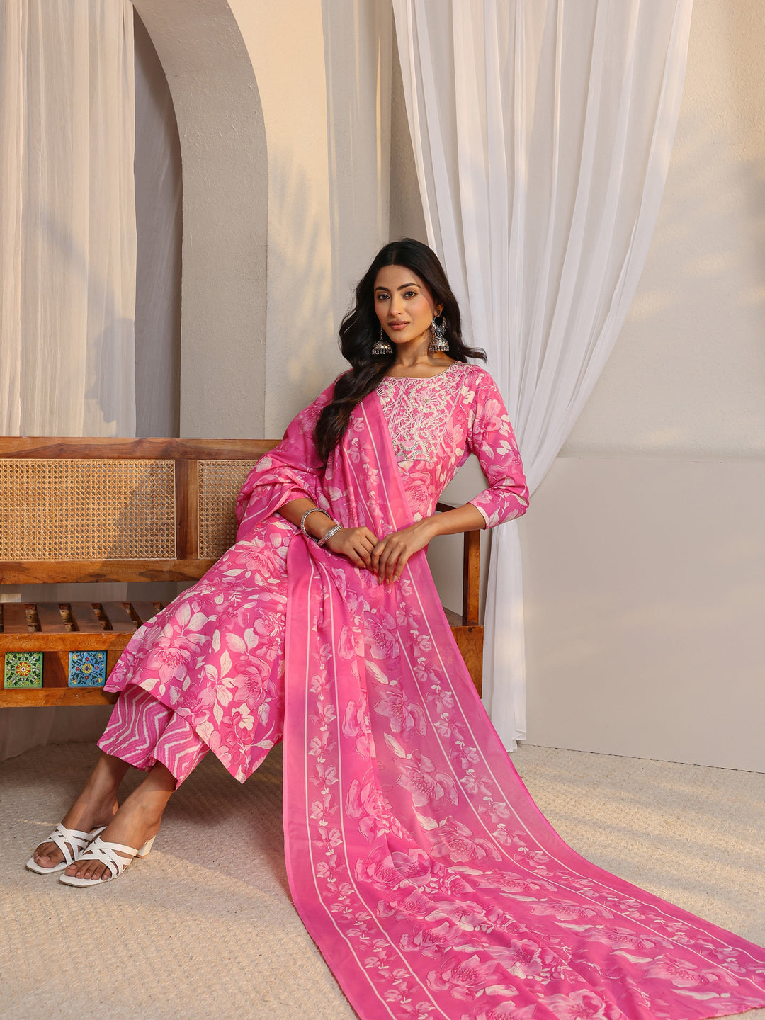 Pink Floral Printed Cotton Blend Straight Suit Set With Dupatta