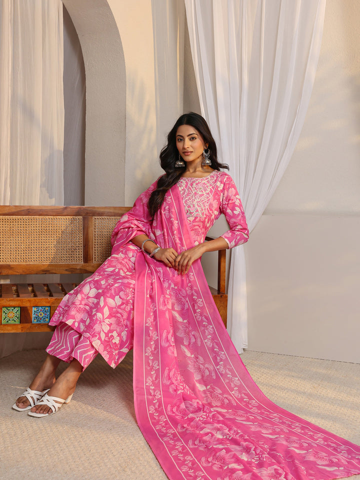 Pink Floral Printed Cotton Blend Straight Suit Set With Dupatta
