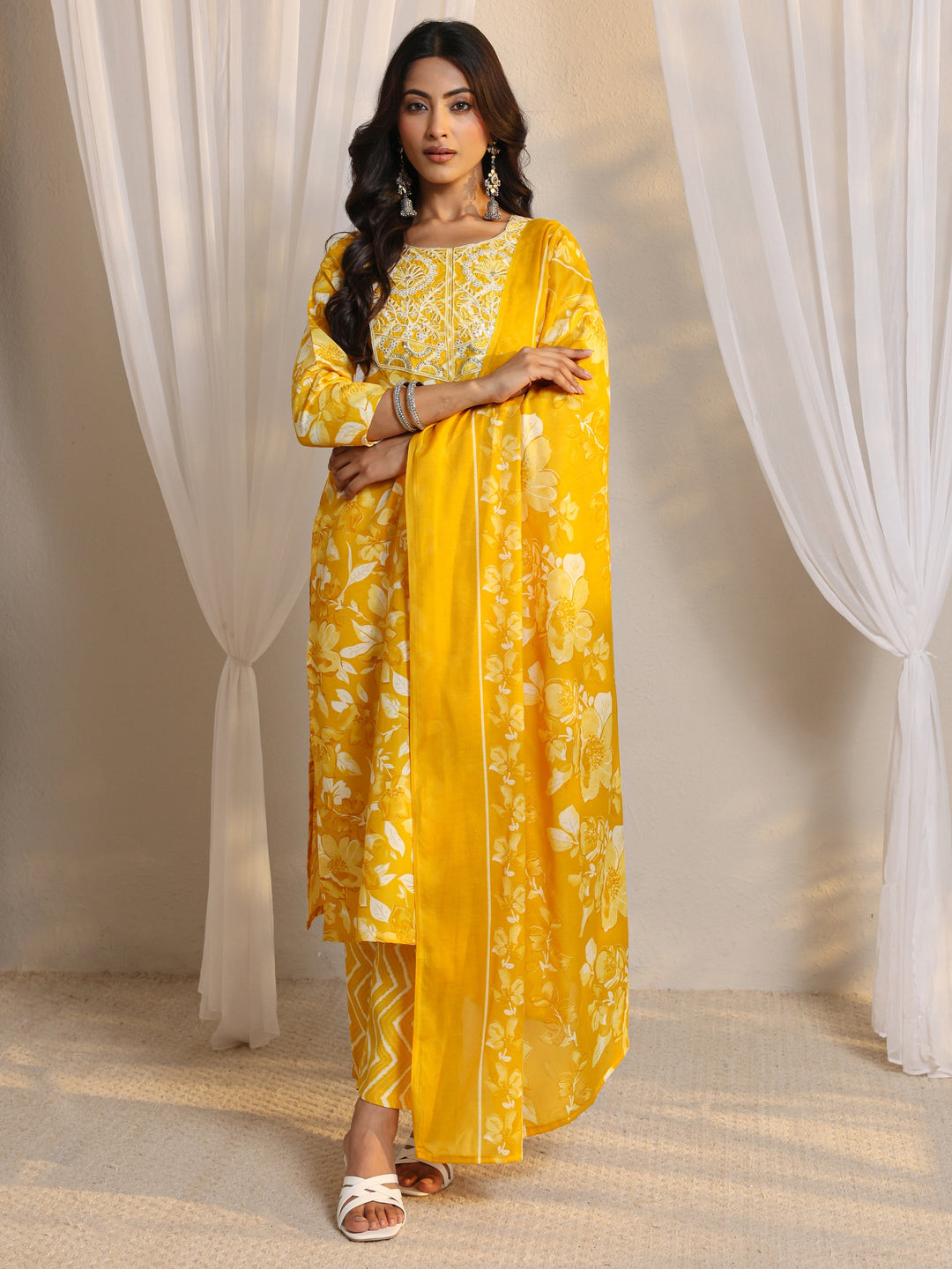 Mustard Floral Printed Cotton Blend Straight Suit Set With Dupatta