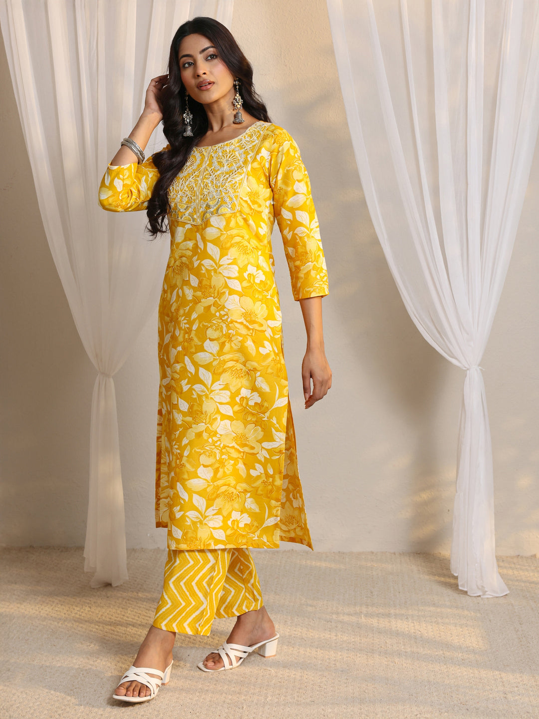 Mustard Floral Printed Cotton Blend Straight Suit Set With Dupatta