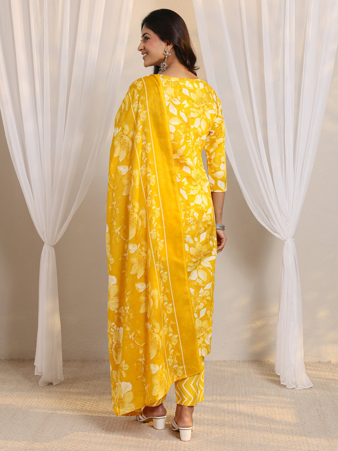 Mustard Floral Printed Cotton Blend Straight Suit Set With Dupatta