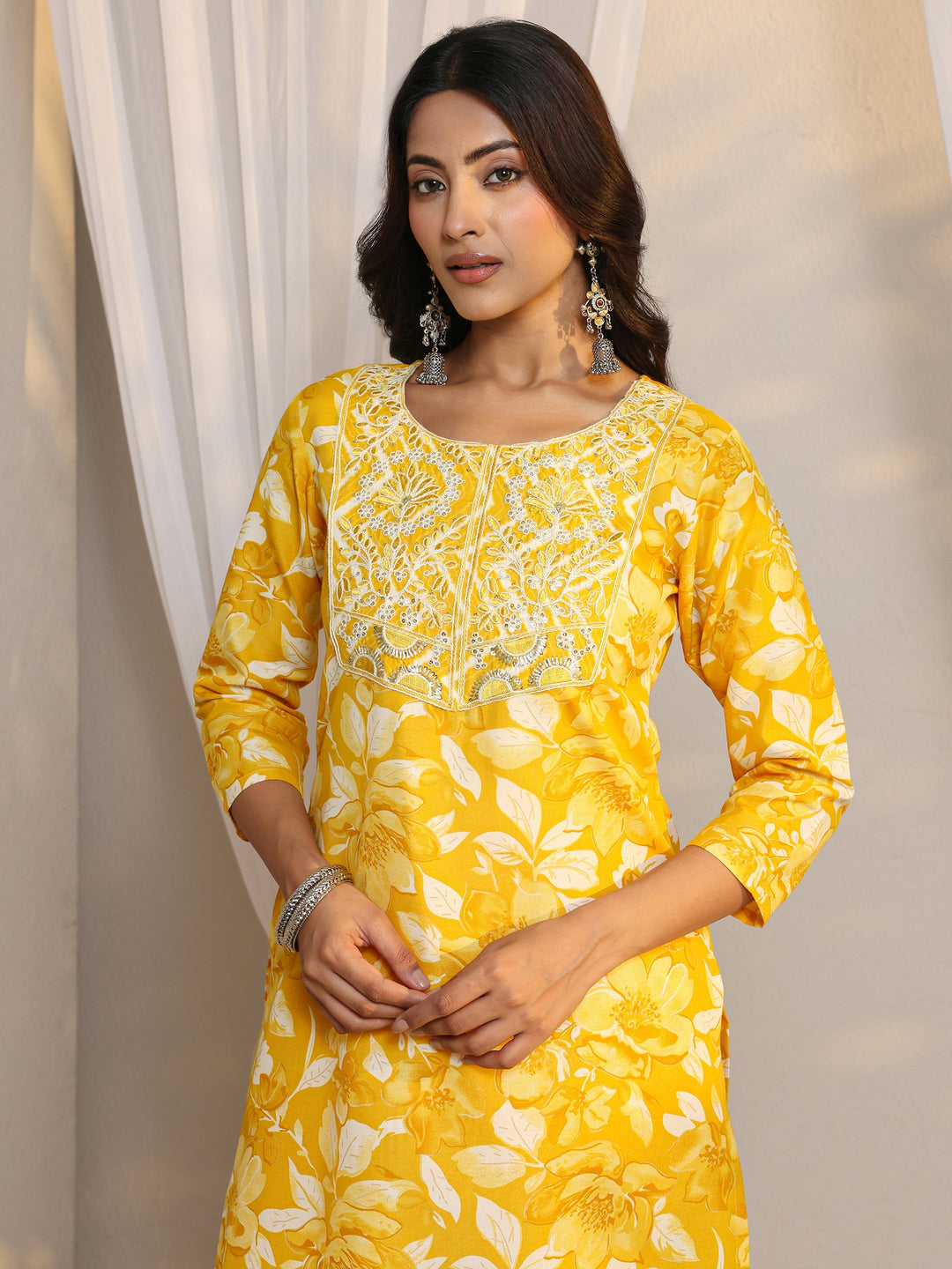 Mustard Floral Printed Cotton Blend Straight Suit Set With Dupatta