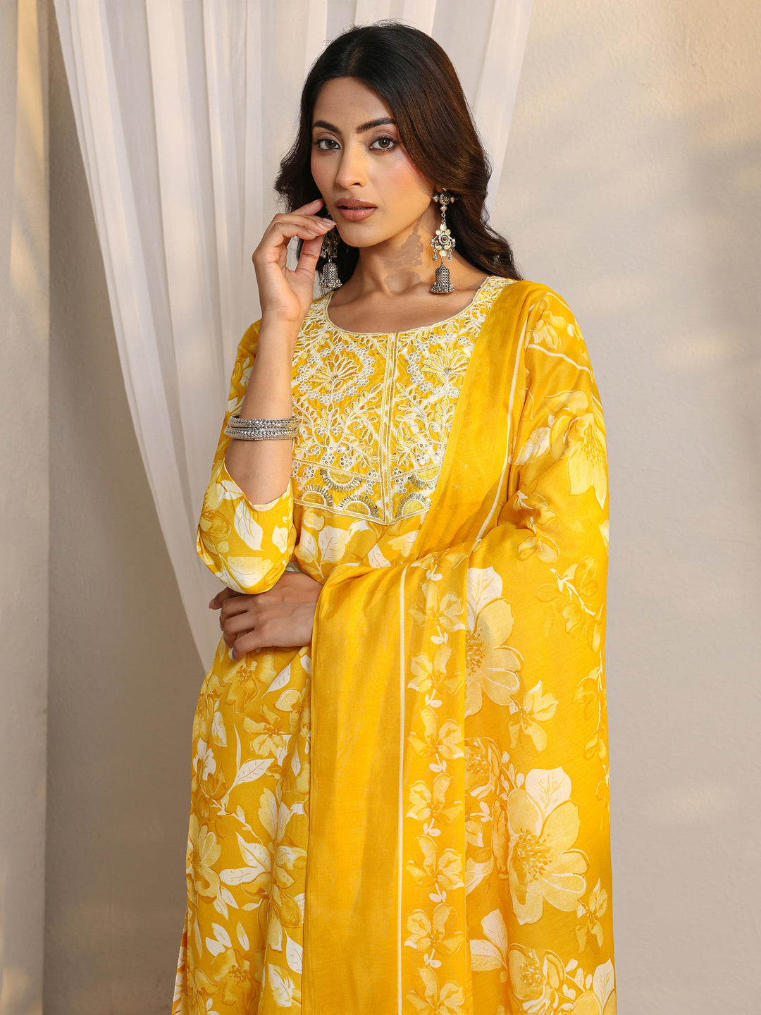 Mustard Floral Printed Cotton Blend Straight Suit Set With Dupatta