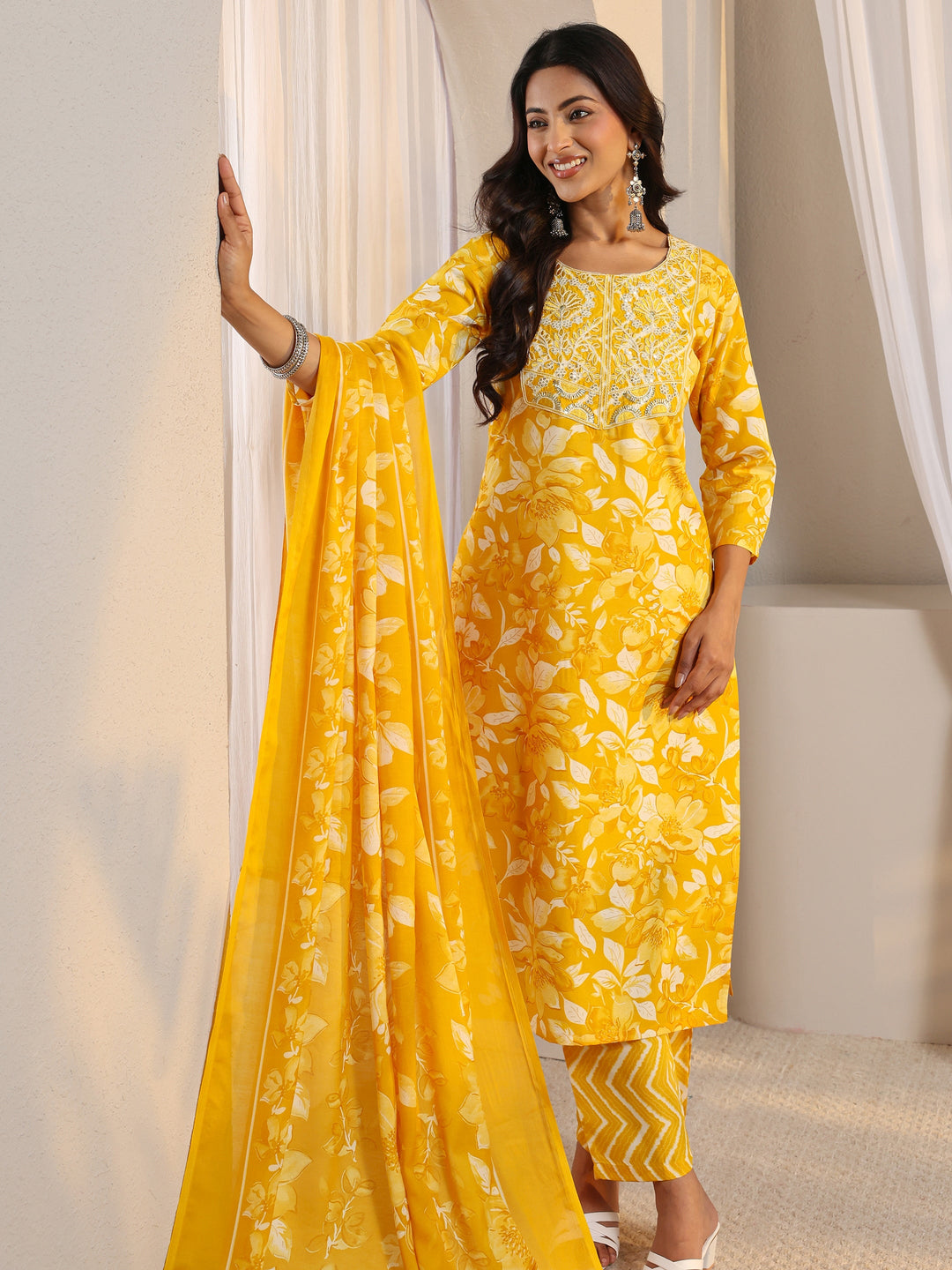 Mustard Floral Printed Cotton Blend Straight Suit Set With Dupatta