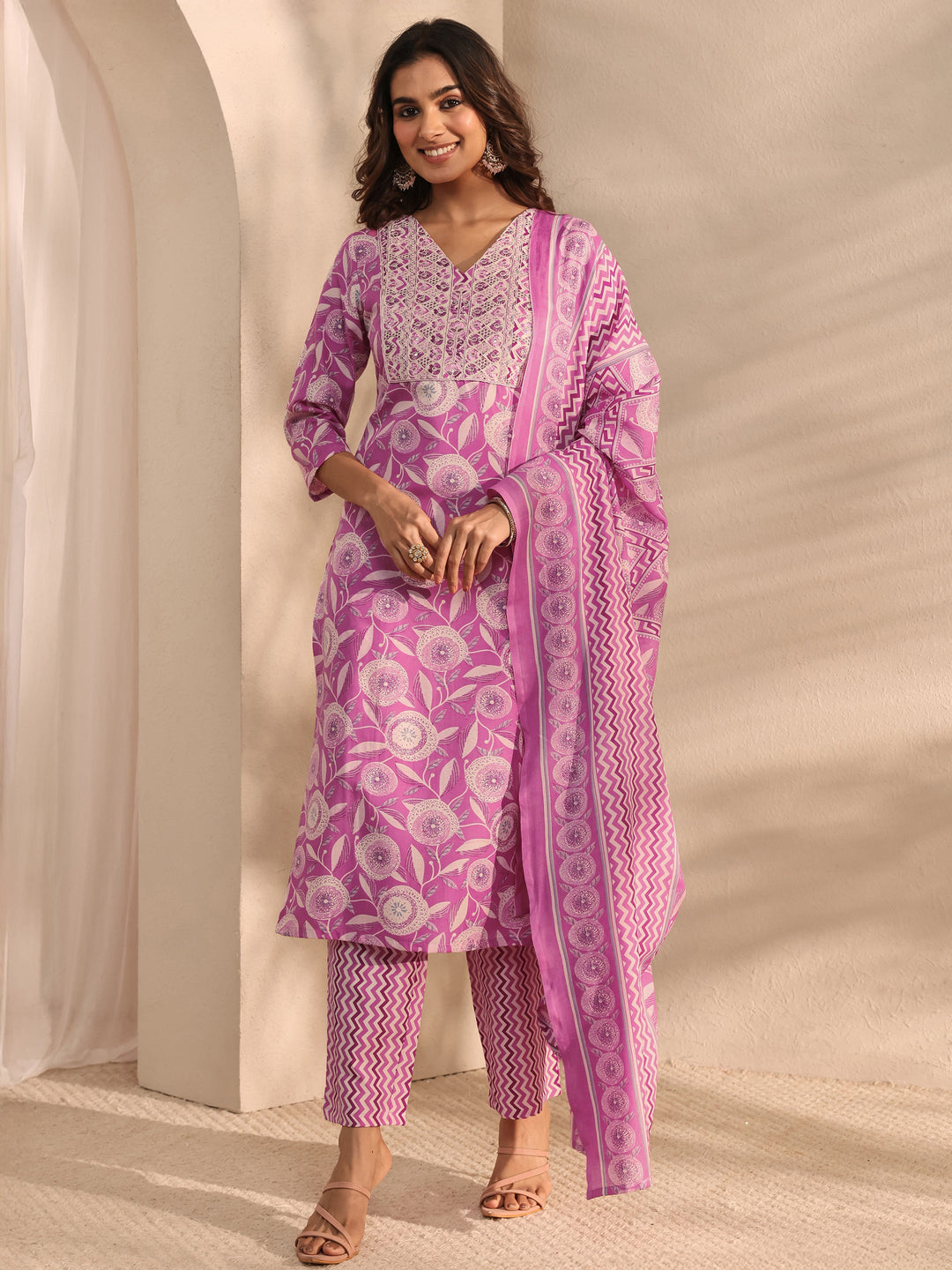 Pink Floral Printed Cotton Blend Straight Suit Set With Dupatta