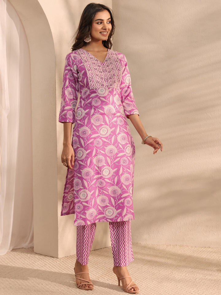 Pink Floral Printed Cotton Blend Straight Suit Set With Dupatta