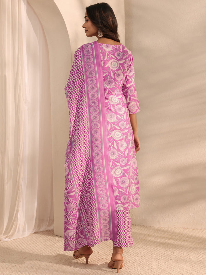 Pink Floral Printed Cotton Blend Straight Suit Set With Dupatta