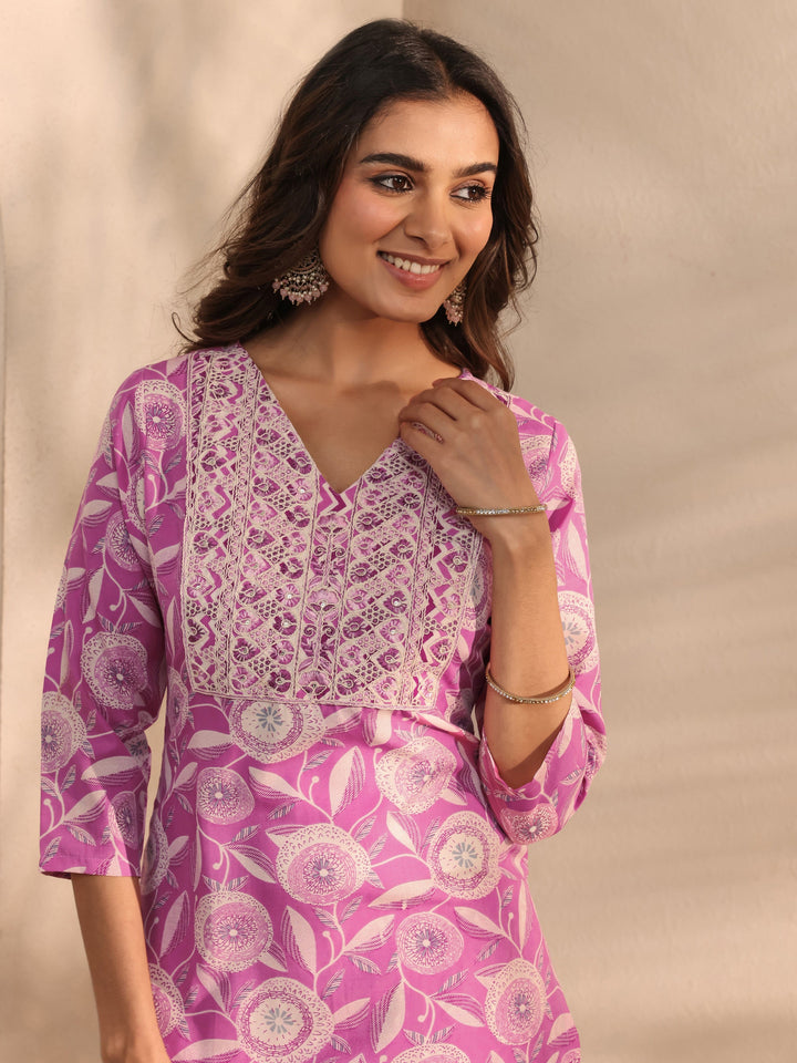 Pink Floral Printed Cotton Blend Straight Suit Set With Dupatta
