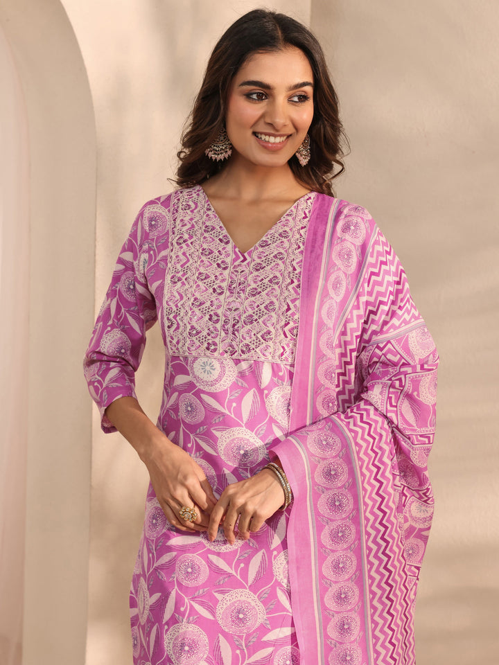 Pink Floral Printed Cotton Blend Straight Suit Set With Dupatta