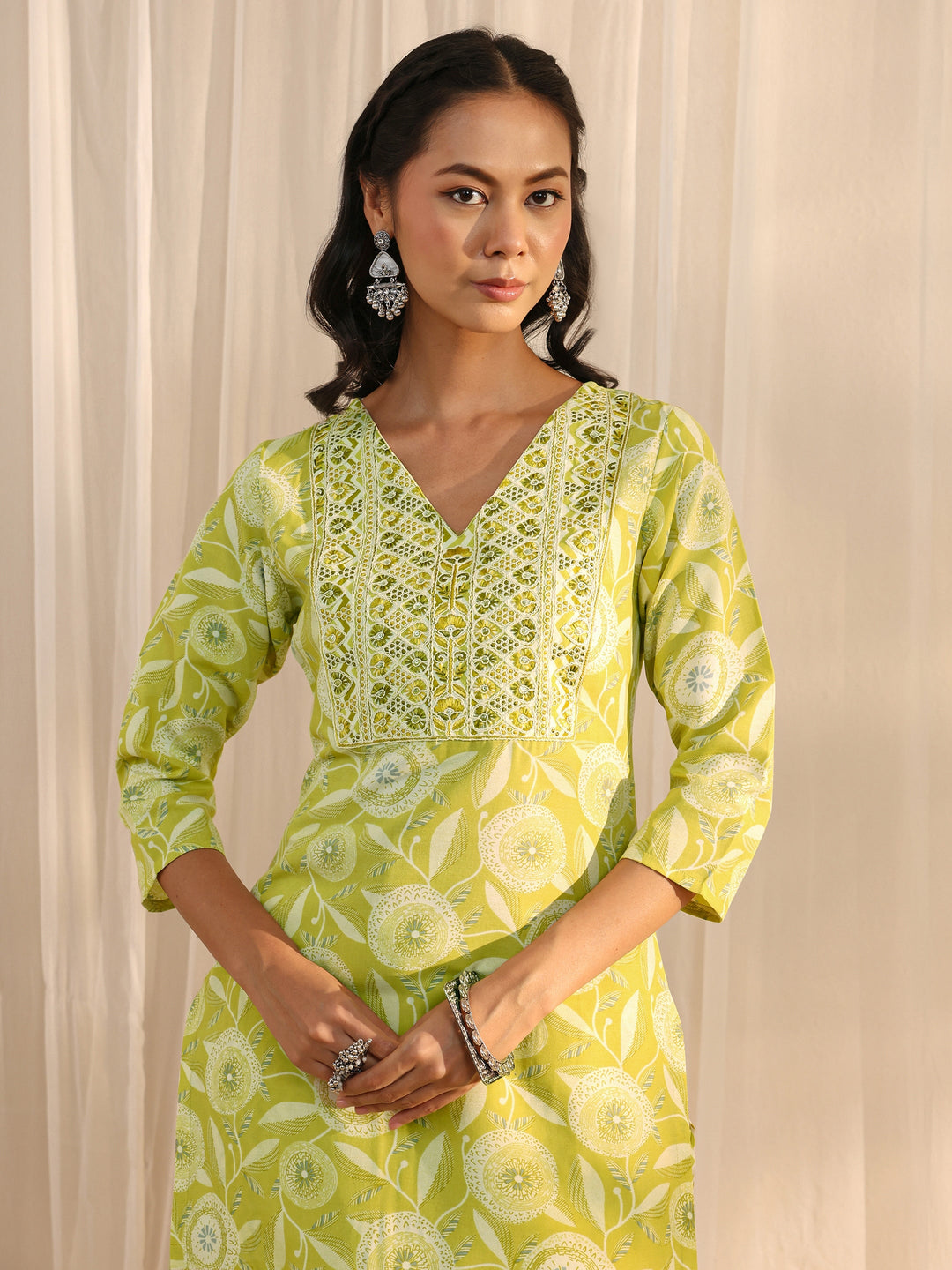 Green Floral Printed Cotton Blend Straight Suit Set With Dupatta