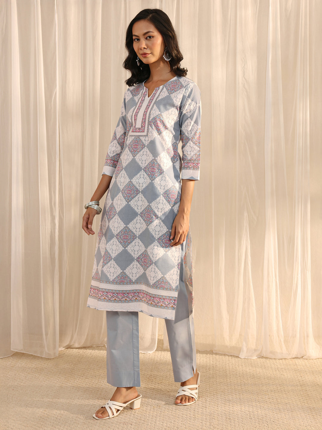 Grey Geometric Printed Cotton Blend Straight Suit Set With Dupatta