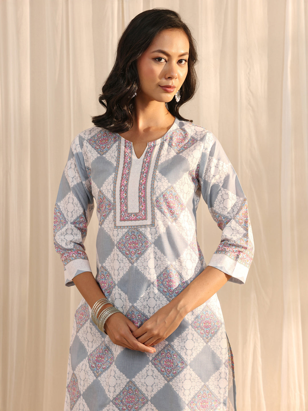 Grey Geometric Printed Cotton Blend Straight Suit Set With Dupatta