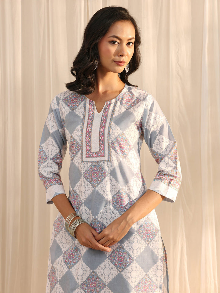 Grey Geometric Printed Cotton Blend Straight Suit Set With Dupatta