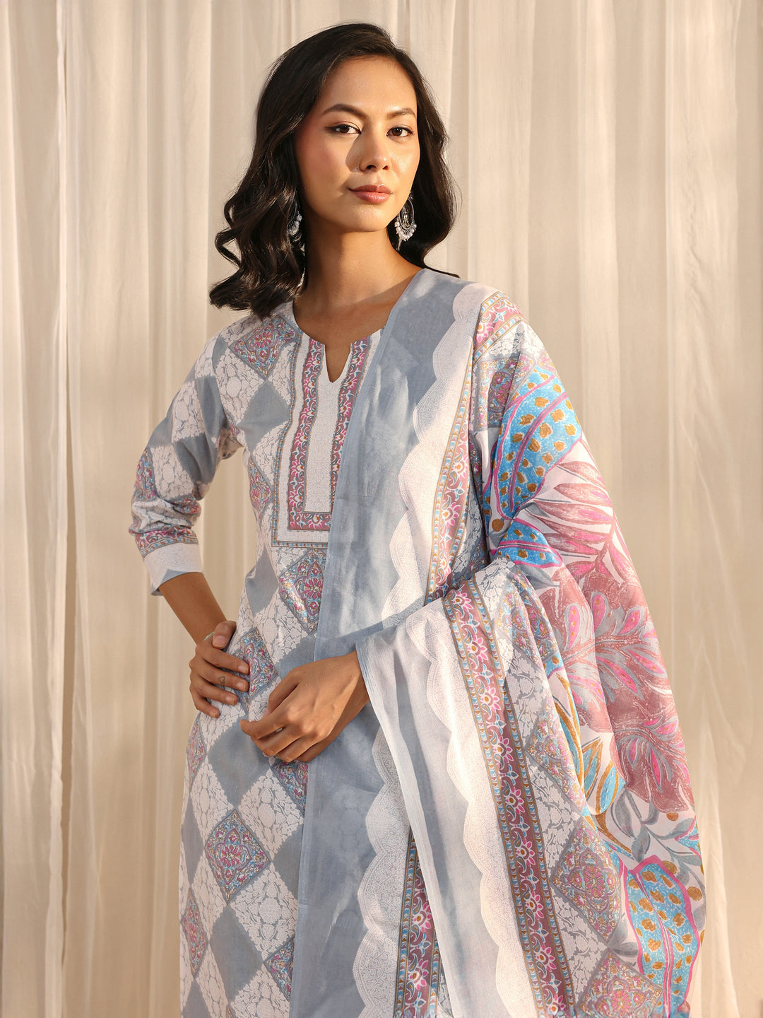 Grey Geometric Printed Cotton Blend Straight Suit Set With Dupatta