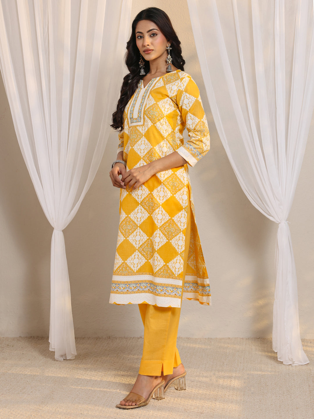 Yellow Geometric Printed Cotton Blend Straight Suit Set With Dupatta