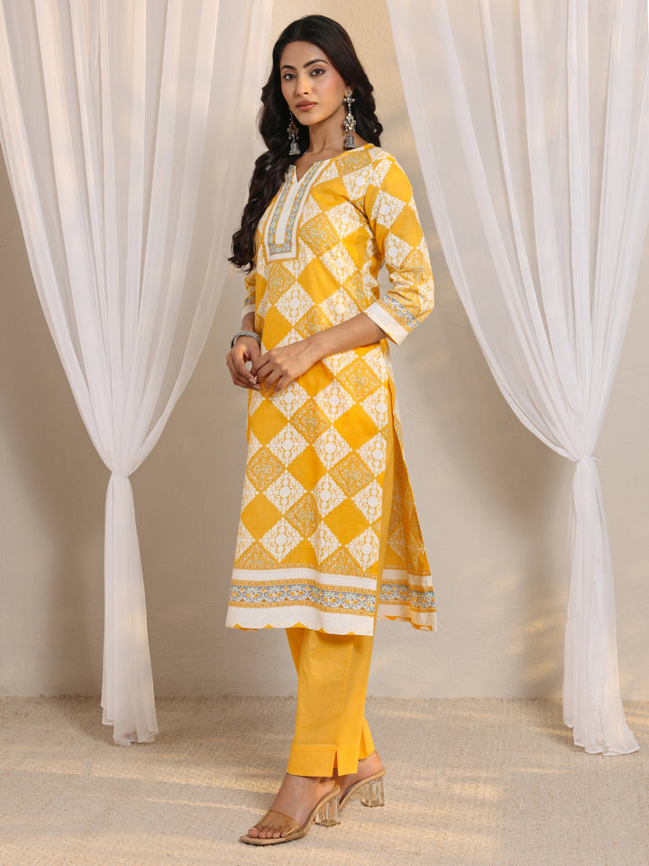 Yellow Geometric Printed Cotton Blend Straight Suit Set With Dupatta