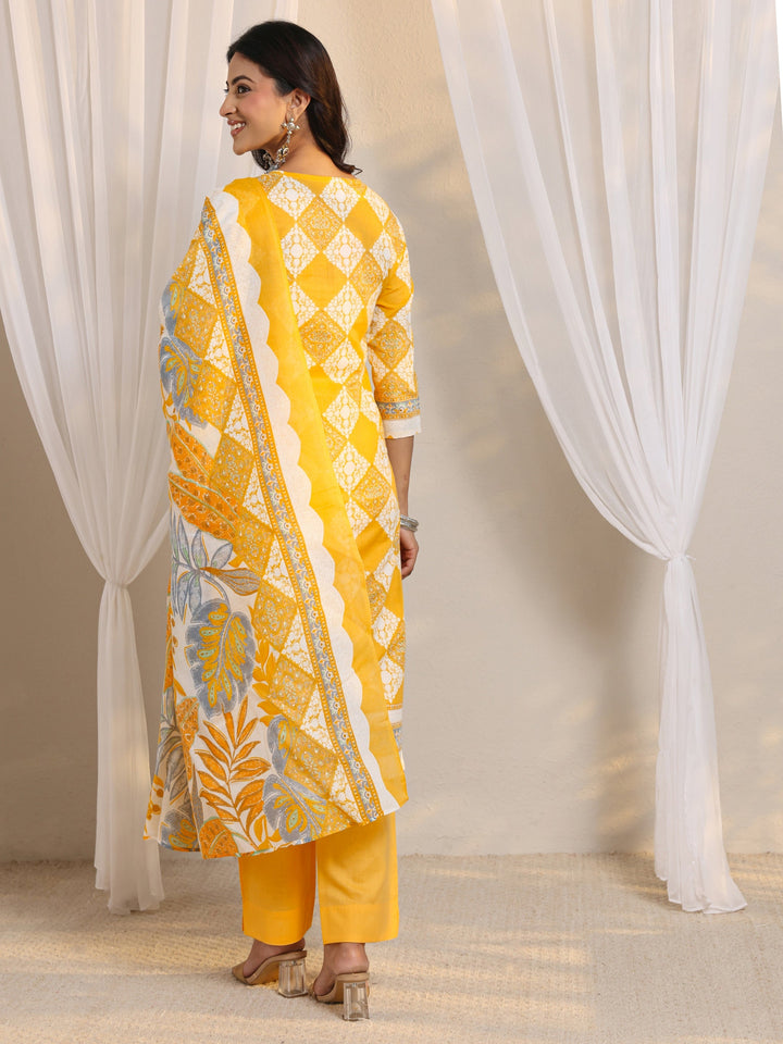 Yellow Geometric Printed Cotton Blend Straight Suit Set With Dupatta