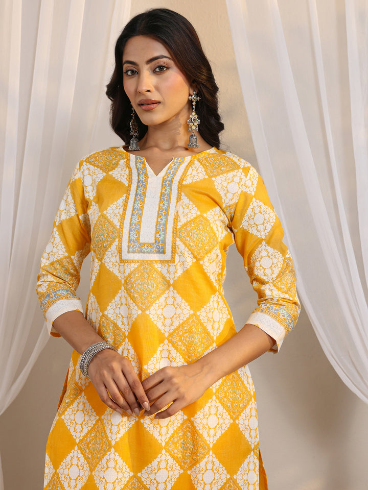 Yellow Geometric Printed Cotton Blend Straight Suit Set With Dupatta
