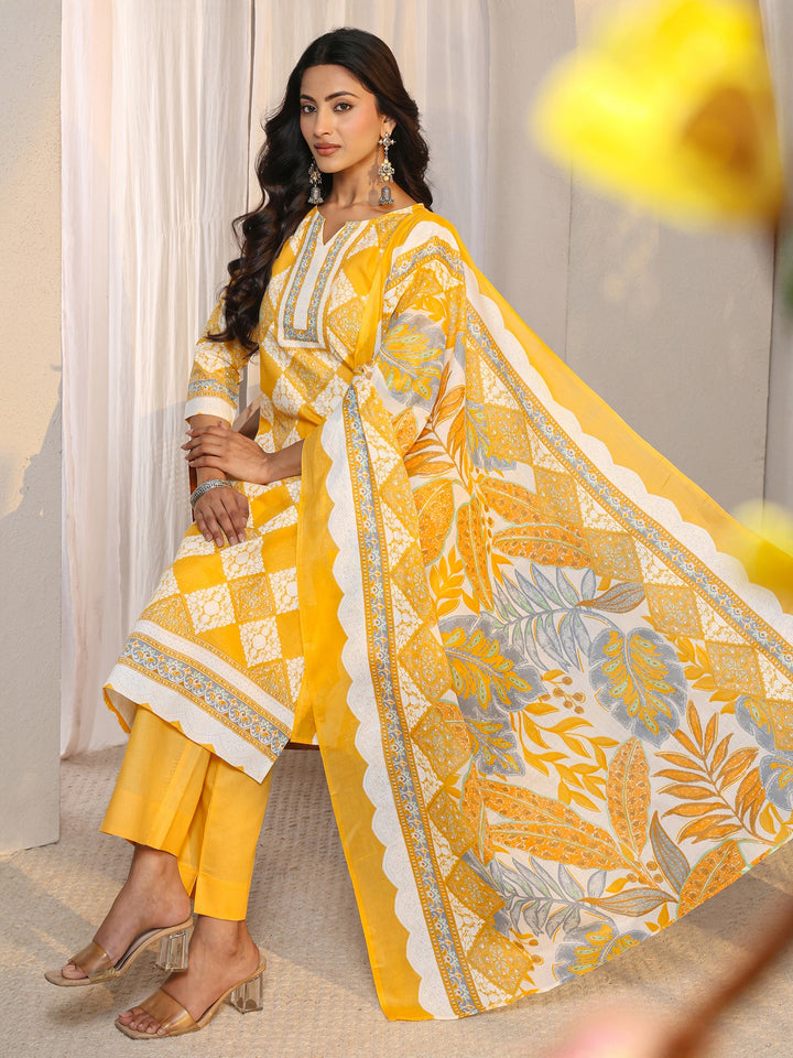 Yellow Geometric Printed Cotton Blend Straight Suit Set With Dupatta
