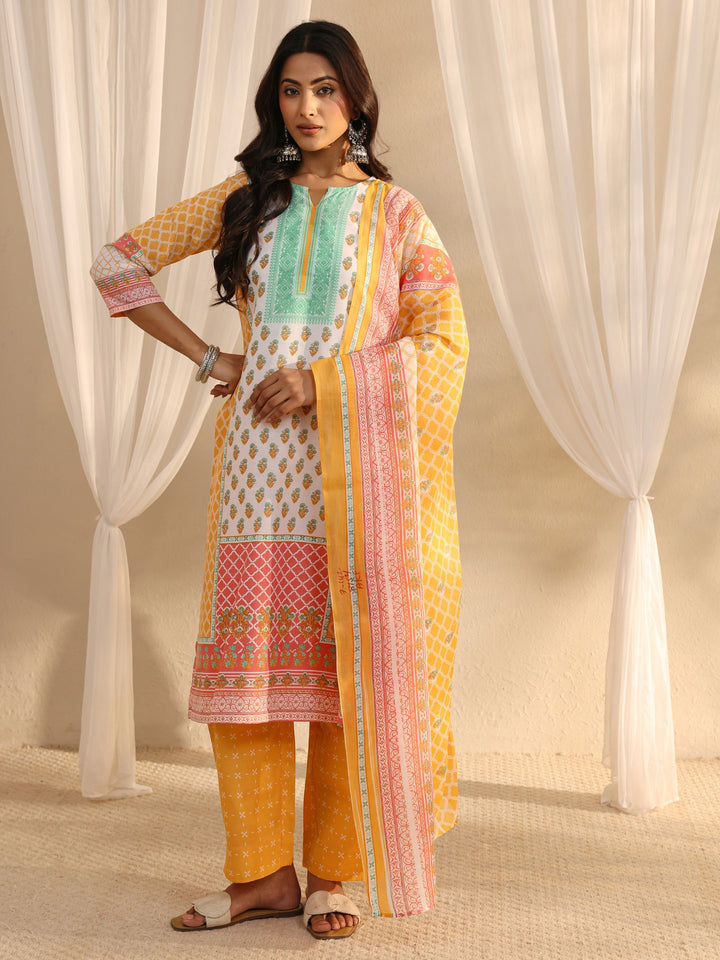Yellow Multi Printed Cotton Blend Straight Suit Set With Dupatta