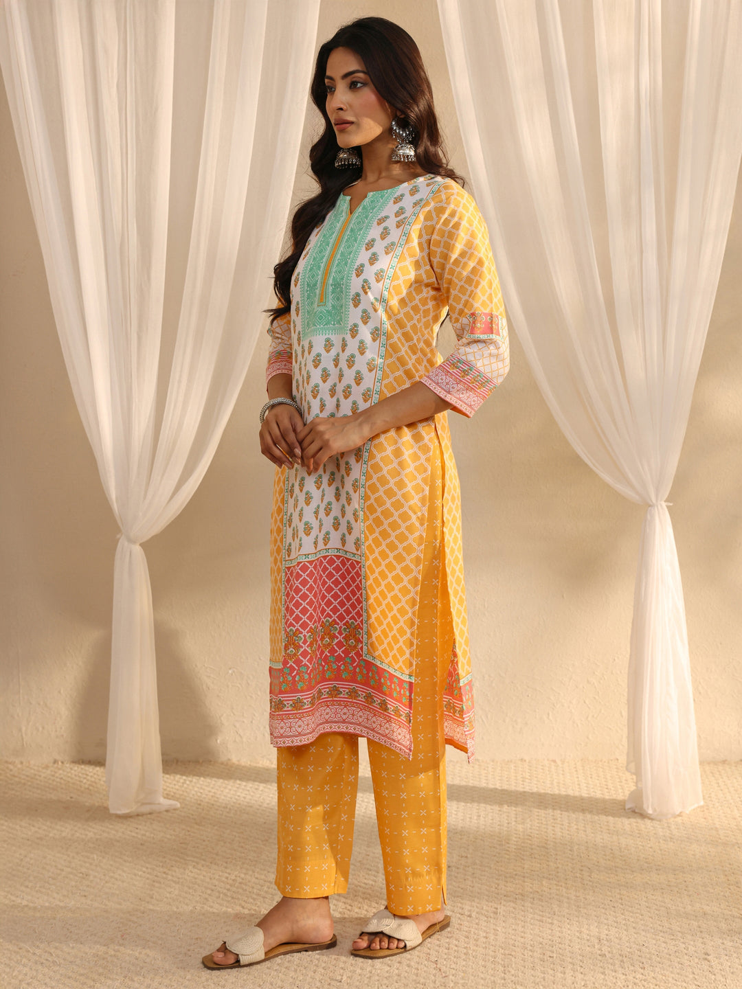 Yellow Multi Printed Cotton Blend Straight Suit Set With Dupatta