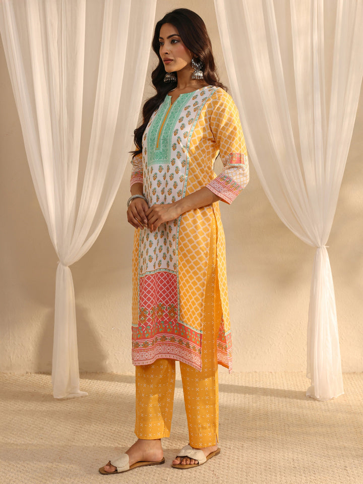Yellow Multi Printed Cotton Blend Straight Suit Set With Dupatta