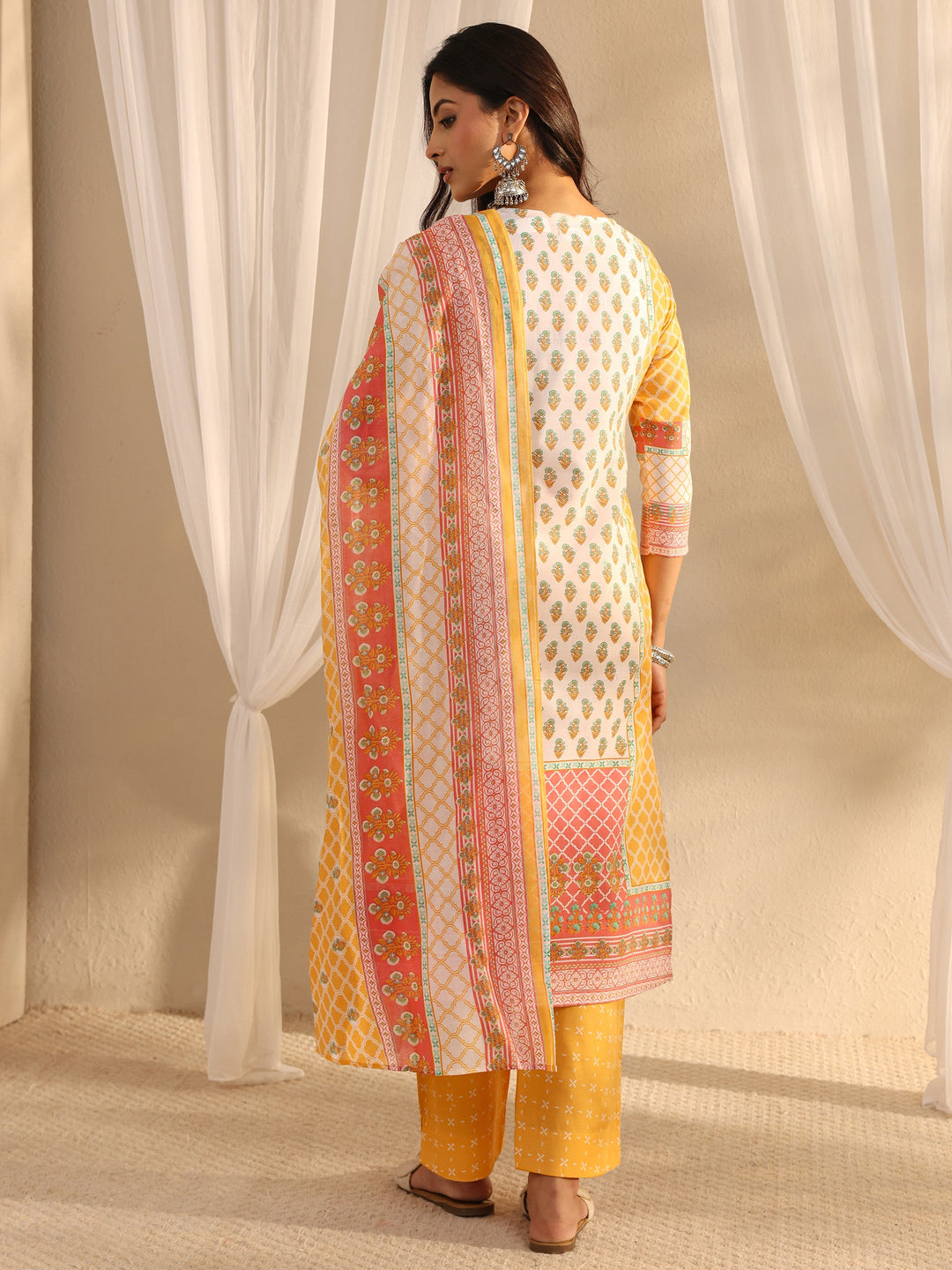 Yellow Multi Printed Cotton Blend Straight Suit Set With Dupatta